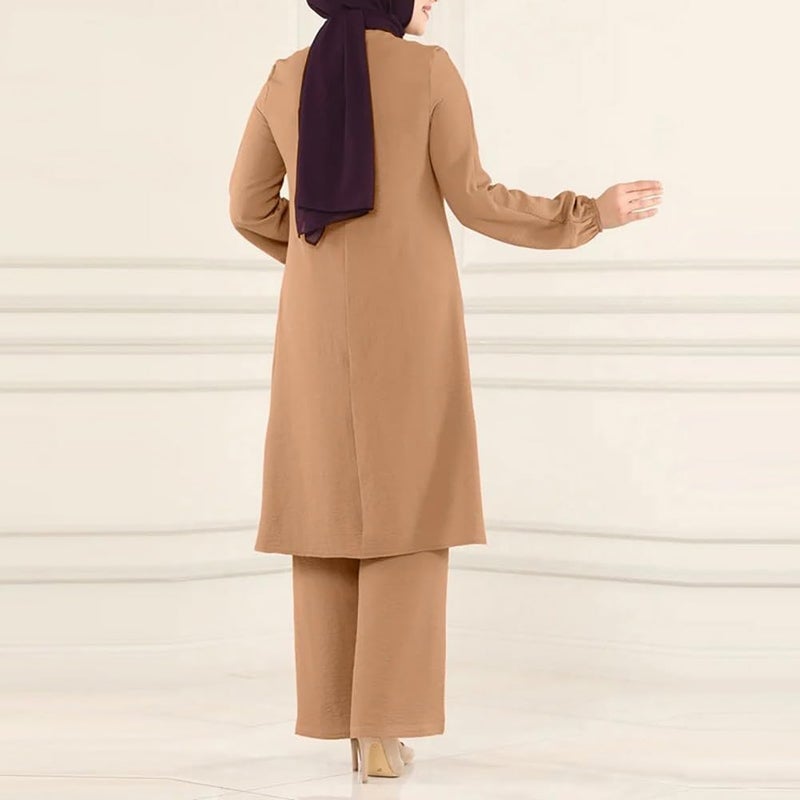 ODIZLI Women's Muslim 2-Piece Long Sleeve Top Dress and Pants Set - Khaki - Image 3