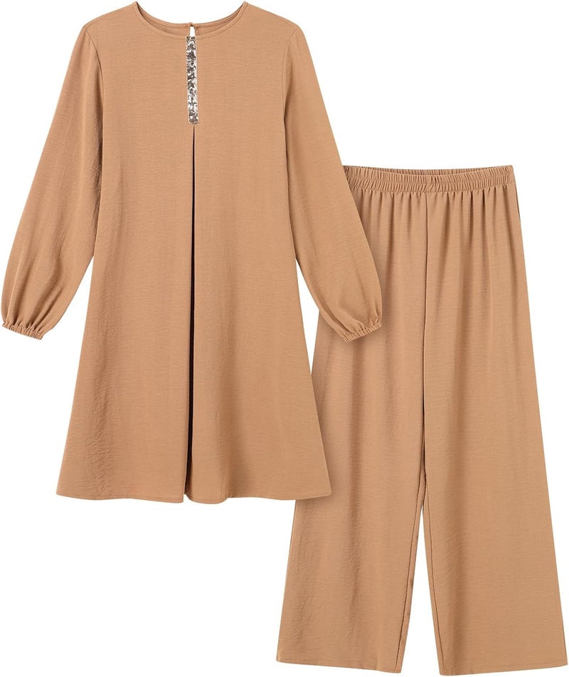 ODIZLI Women's Muslim 2-Piece Long Sleeve Top Dress and Pants Set - Khaki - Image 4