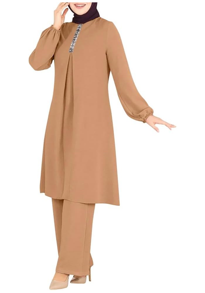 ODIZLI Women's Muslim 2-Piece Long Sleeve Top Dress and Pants Set - Khaki - Image 1