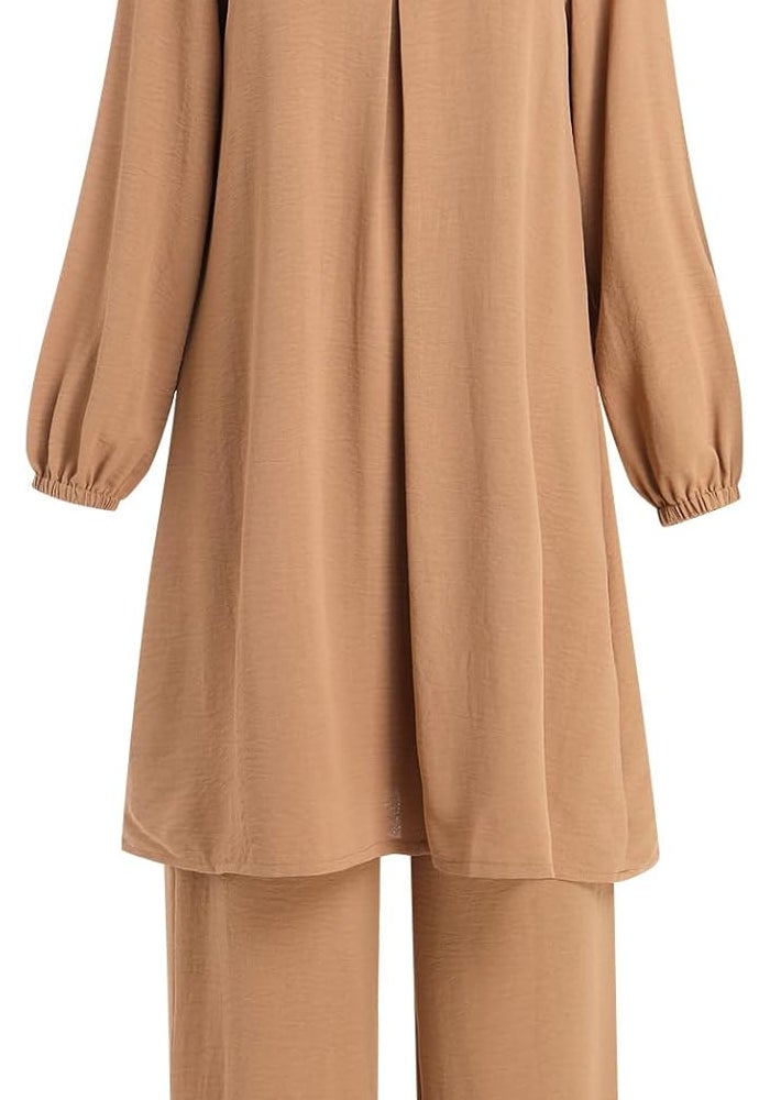 ODIZLI Women's Muslim 2-Piece Long Sleeve Top Dress and Pants Set - Khaki - Image 5