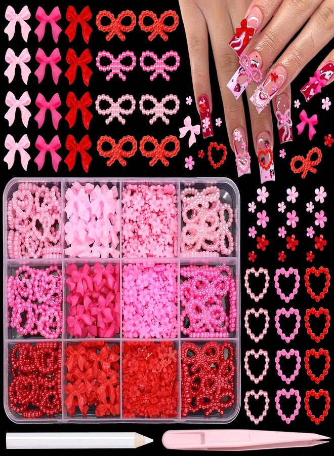 BELICEY Valentines Pink Red Heart Bows Nail Charms 3D Hearts Nail Art Charm Resin Flatback Bow Charms for Nails Cute Kawaii Flower for Women Manicure DIY Nails Art Design Accessories Crafts - Image 1