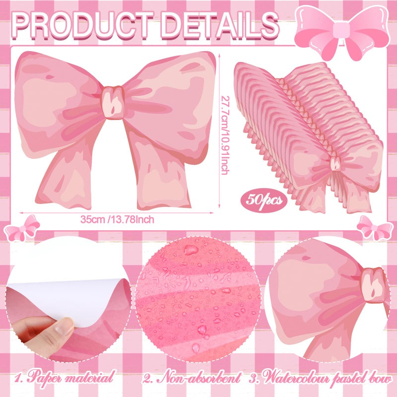 Tinlade 50 Pack Disposable Bow Placemats Coquette Bow Table Mats Slice 13.8 Inches Decorative Paper Placemats for Birthday Bridal Wedding Party Table Setting (Pink) - Image 3