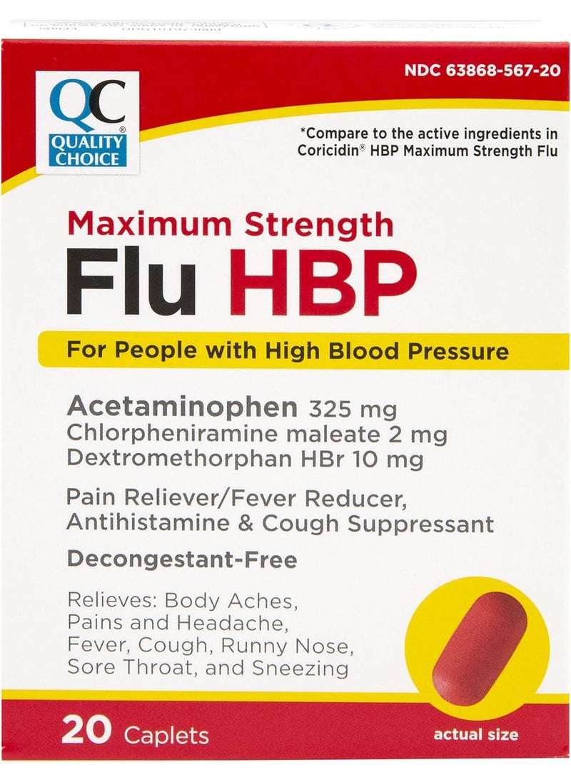 Quality Choice Quality Choice Maximum Strength Flu High Blood Pressure (HBP), Pain Reliever and Fever Reducer, Antihistamine & Cough Suppressant, Decongestant Free, for People with High Blood Pressure, 20 Count 