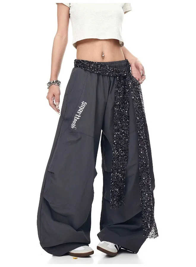 Madam Uniq American Vintage Sequin Belt Pleated Cargo Pants - Y2K Wide-Leg Pants
