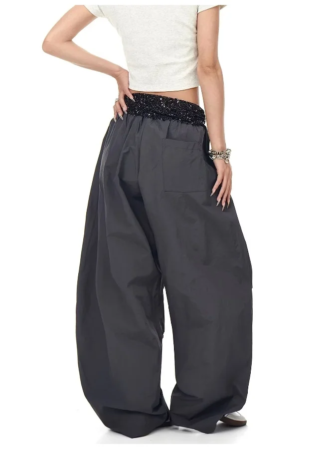 Madam Uniq American Vintage Sequin Belt Pleated Cargo Pants - Y2K Wide-Leg Pants