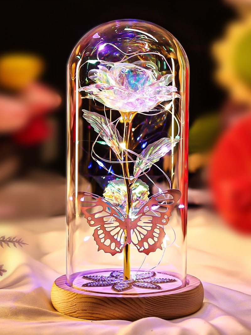 Birthday Gifts for Women Mom Galaxy Glass Rose Forever Preserved Flowers for Delivery Prime Artificial Eternal Rose in Glass Dome Mothers Day Moms Gift for Grandma Wife Daughter Rainbow