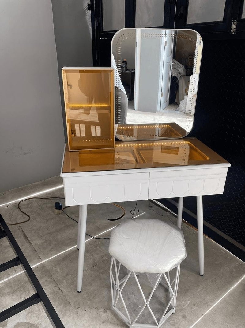 Harmony Homes Luxury White Dressing Table Set with Square LED Touch Mirror – Warm Light Cabinets, Acrylic Makeup Organizer, Storage Drawers & Upholstered Stool – Modern Vanity Desk for Women & Girls - Image 3