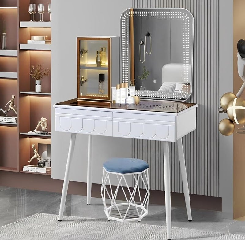 Harmony Homes Luxury White Dressing Table Set with Square LED Touch Mirror – Warm Light Cabinets, Acrylic Makeup Organizer, Storage Drawers & Upholstered Stool – Modern Vanity Desk for Women & Girls - Image 2