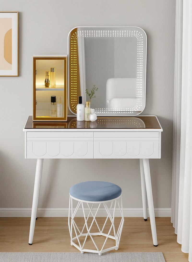 Harmony Homes Luxury White Dressing Table Set with Square LED Touch Mirror – Warm Light Cabinets, Acrylic Makeup Organizer, Storage Drawers & Upholstered Stool – Modern Vanity Desk for Women & Girls - Image 1