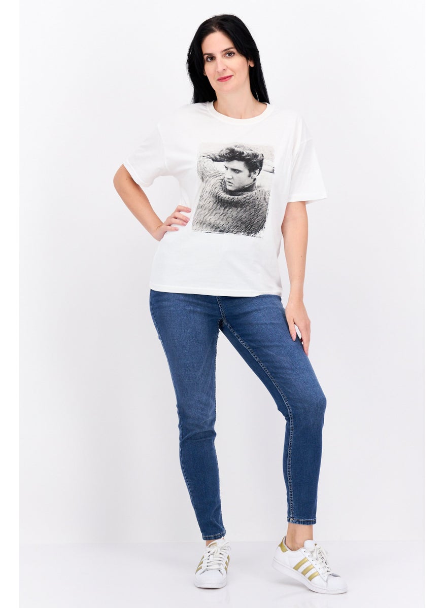ELVIS Women Crew Neck Short Sleeves Graphic Printed T-Shirt, Off White  - Image 4