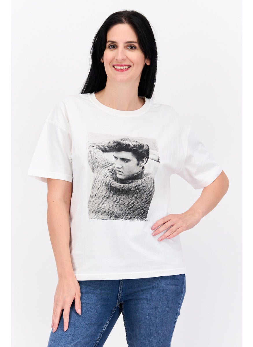 ELVIS Women Crew Neck Short Sleeves Graphic Printed T-Shirt, Off White  - Image 1