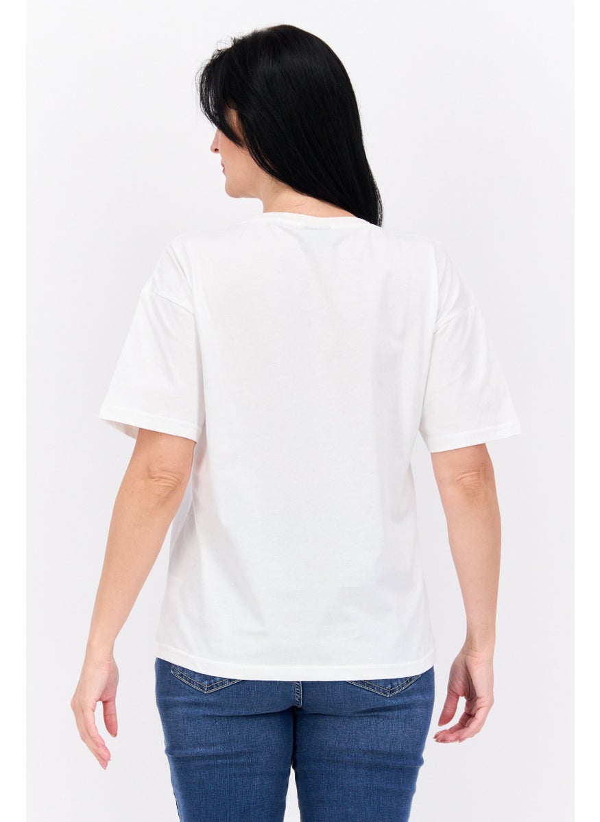 ELVIS Women Crew Neck Short Sleeves Graphic Printed T-Shirt, Off White  - Image 3