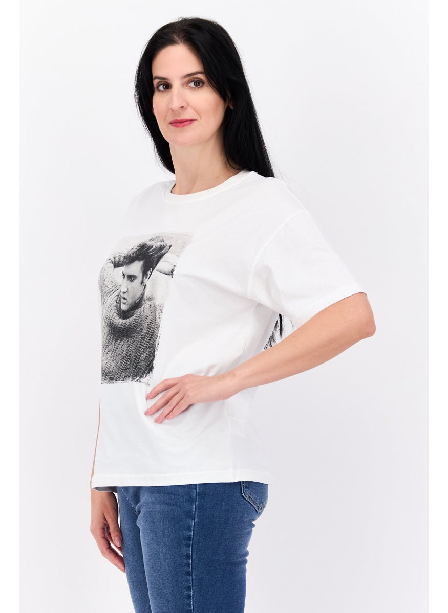 ELVIS Women Crew Neck Short Sleeves Graphic Printed T-Shirt, Off White  - Image 2