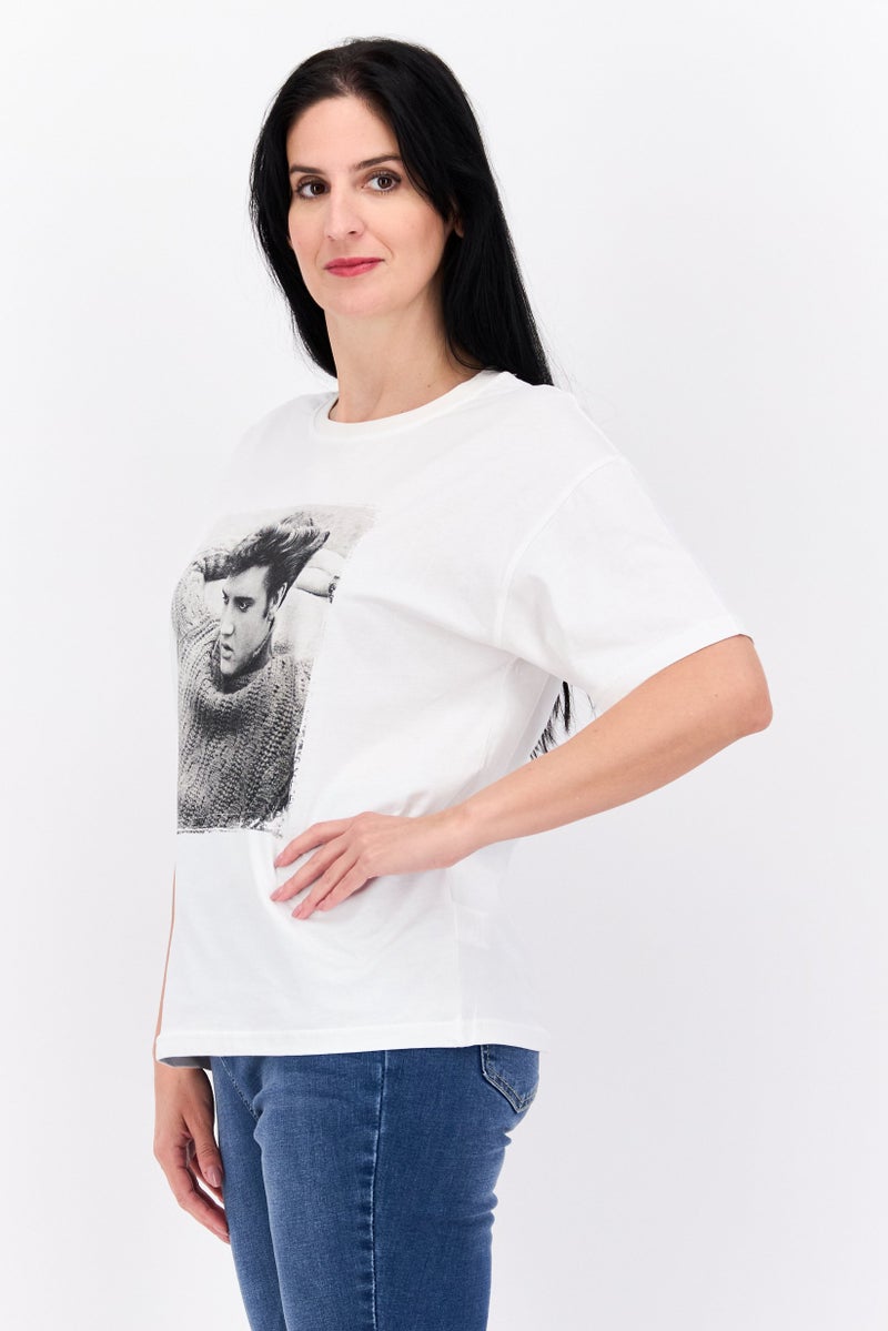 ELVIS Women Crew Neck Short Sleeves Graphic Printed T-Shirt, Off White  - Image 2
