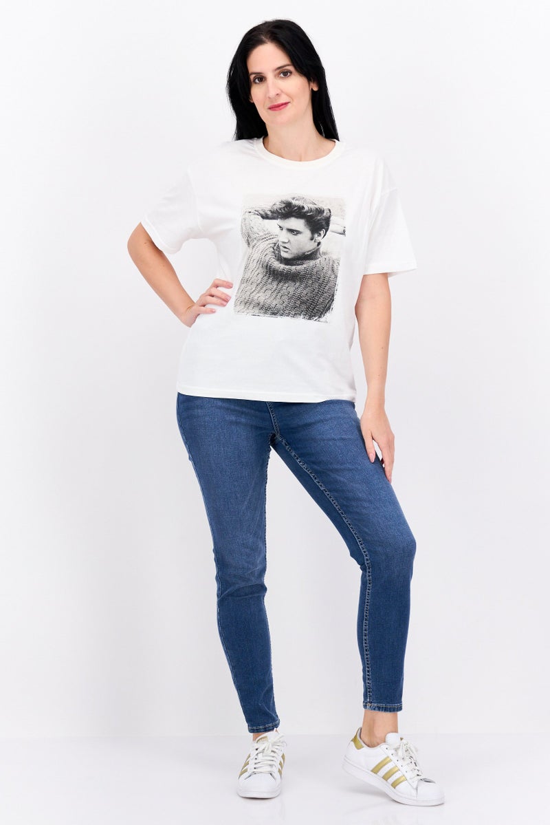 ELVIS Women Crew Neck Short Sleeves Graphic Printed T-Shirt, Off White - Image 2