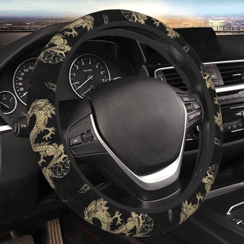 FJyuanqi Golden Dragon Steering Wheel Cover for Men AntiSlip Elastic Breathable Soft Rubber Car Steering Wheel Protective Cover Universal 15 Inch Fit for Cars Auto SUVs - Image 1