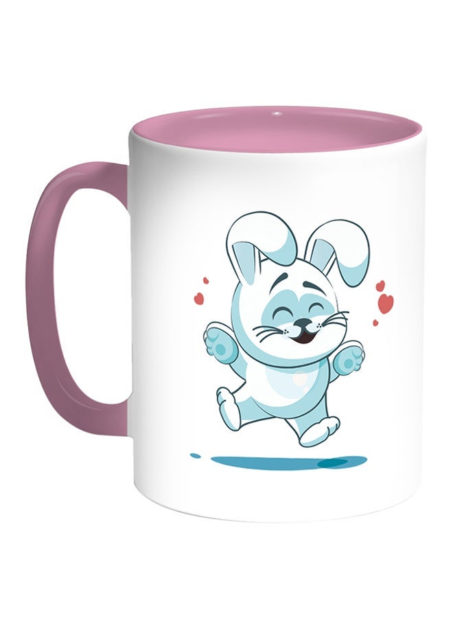RYN Feeling Happy Rabbit Printed Coffee Mug White/Pink 11ounce