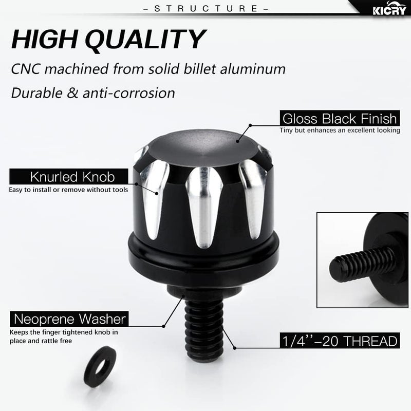 KICRY Seat Bolt Tab Screw Mount Knob Cover for Harley Quick-Release Hardware Kit - Black Knurled Billet Aluminum - Image 2