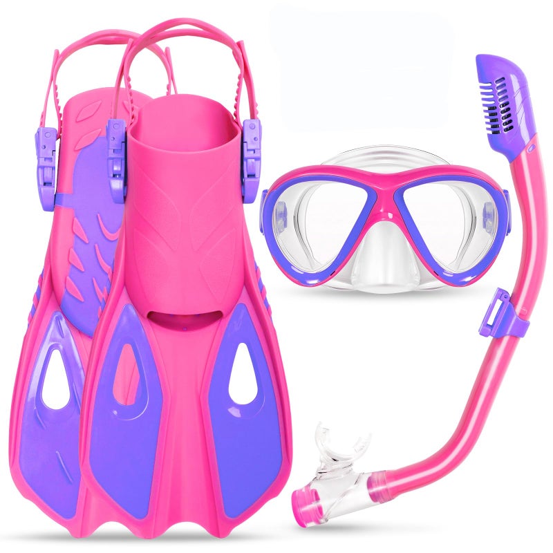ACQCES Snorkeling Gear for Kids Ages 5-15, 4 in 1 Mask Fins Snorkel Set with HD Tempered Glass Panoramic View Anti-Fog Mask, Dry Top Snorkel, Adjustable Trek Fins, and Mesh Bag, Kids Snorkel Set for Youth - Image 1