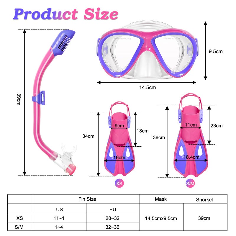 ACQCES Snorkeling Gear for Kids Ages 5-15, 4 in 1 Mask Fins Snorkel Set with HD Tempered Glass Panoramic View Anti-Fog Mask, Dry Top Snorkel, Adjustable Trek Fins, and Mesh Bag, Kids Snorkel Set for Youth - Image 2