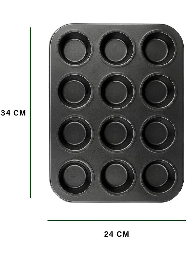 Cake Molds Non Stick Reusable Muffin Cupcake Baking Pan of 12 Cup - Black  - Image 2