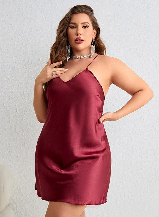 Loquat Women's Imitation Silk Large Size Solid Color Nightgown Mini Slip Dress With Adjustable Strap Soft Loungewear Homewear Dark Red 