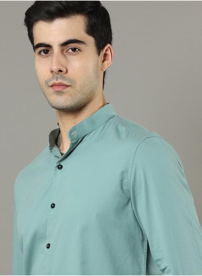 Bushirt - Solid Mandarin Collar Regular Fit Shirt by Styli - Image 1