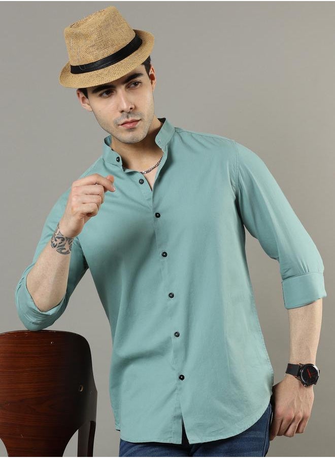 Bushirt - Solid Mandarin Collar Regular Fit Shirt by Styli - Image 1