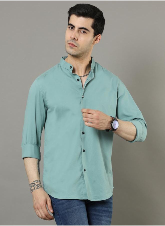 Bushirt - Solid Mandarin Collar Regular Fit Shirt by Styli - Image 1