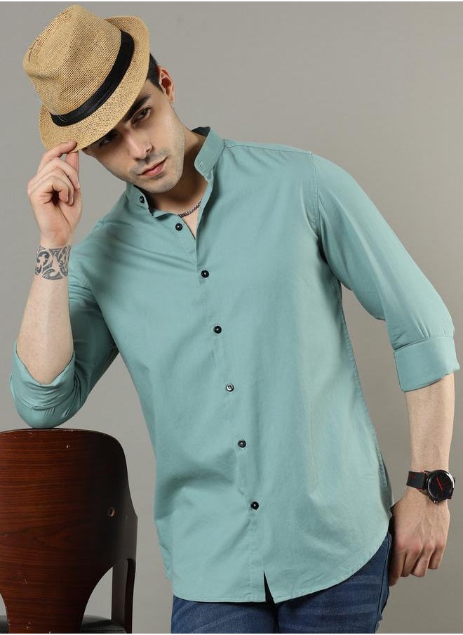 Bushirt - Solid Mandarin Collar Regular Fit Shirt by Styli - Image 1