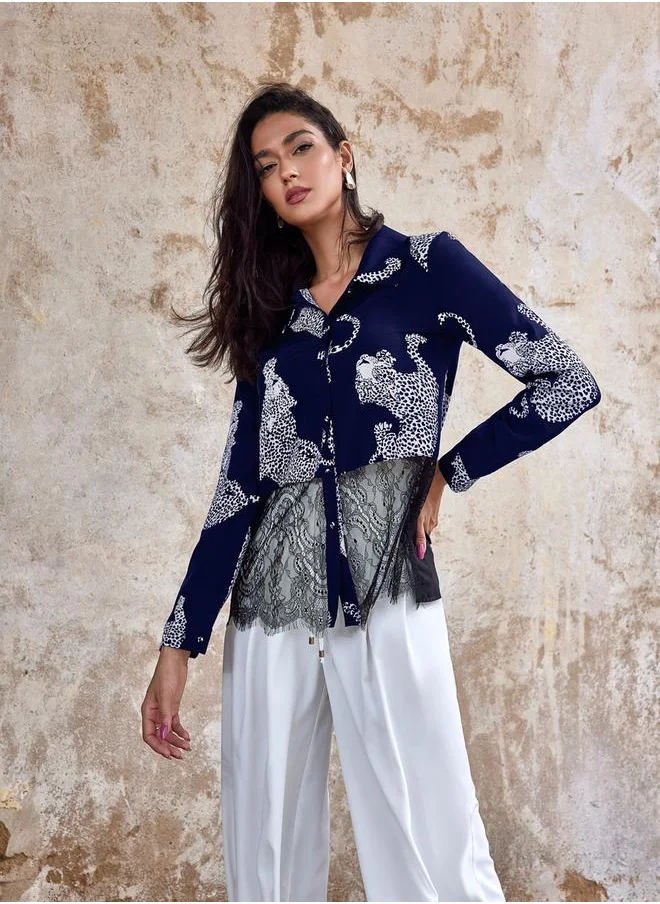 لوكس ويف Graphic Print Lace Patchwork Shirt by Styli