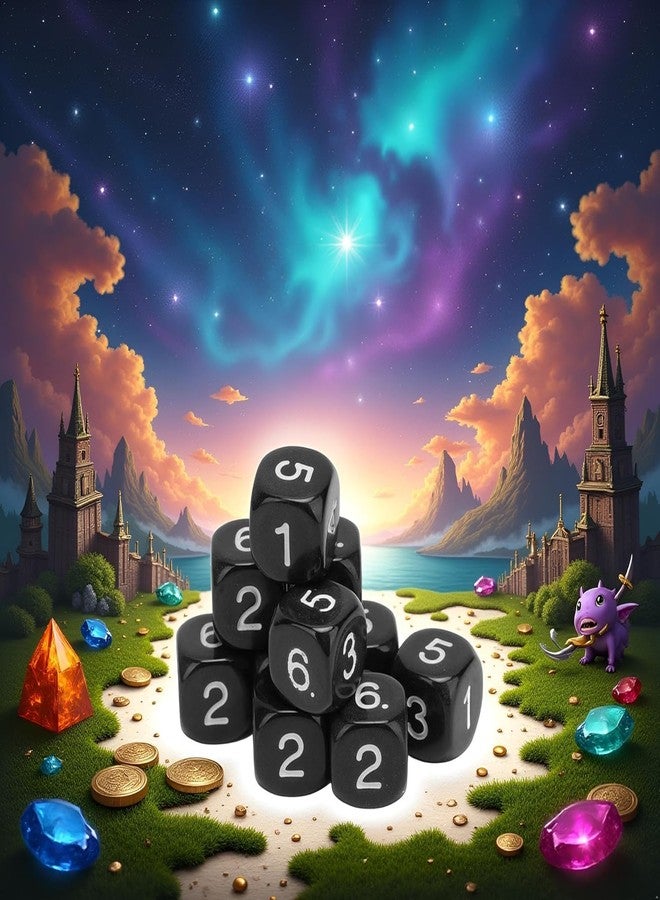 SelHeng 20Pcs Black Polyhedral Dice Set, 6-Sided Number Dice, 16mm, Round Corner, for Board Games and Teaching - Image 2