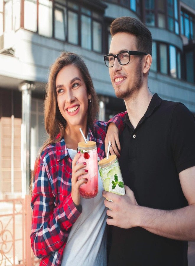 DAMCONME 2Pcs Glass Cups with Lids and Straws,Iced Coffee Glass Cups with Lids,Beer Glass Cup,Cute Glass Cups for Mojito Smoothies Whiskey Soda, 16OZ Drinking Glasses Cups with 2 Brush - Image 3