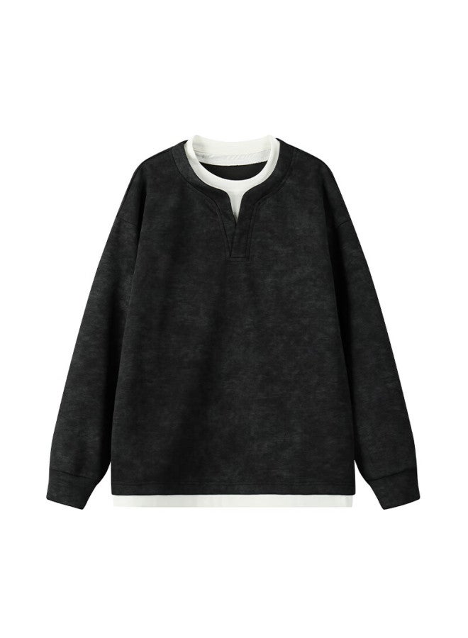 Dingfengbaoluo Men's American Style Two-in-one V-neck Tie-dye Casual Long Sleeve Sweatshirt, Autumn Loose Fit, Black 3XL Xwc12