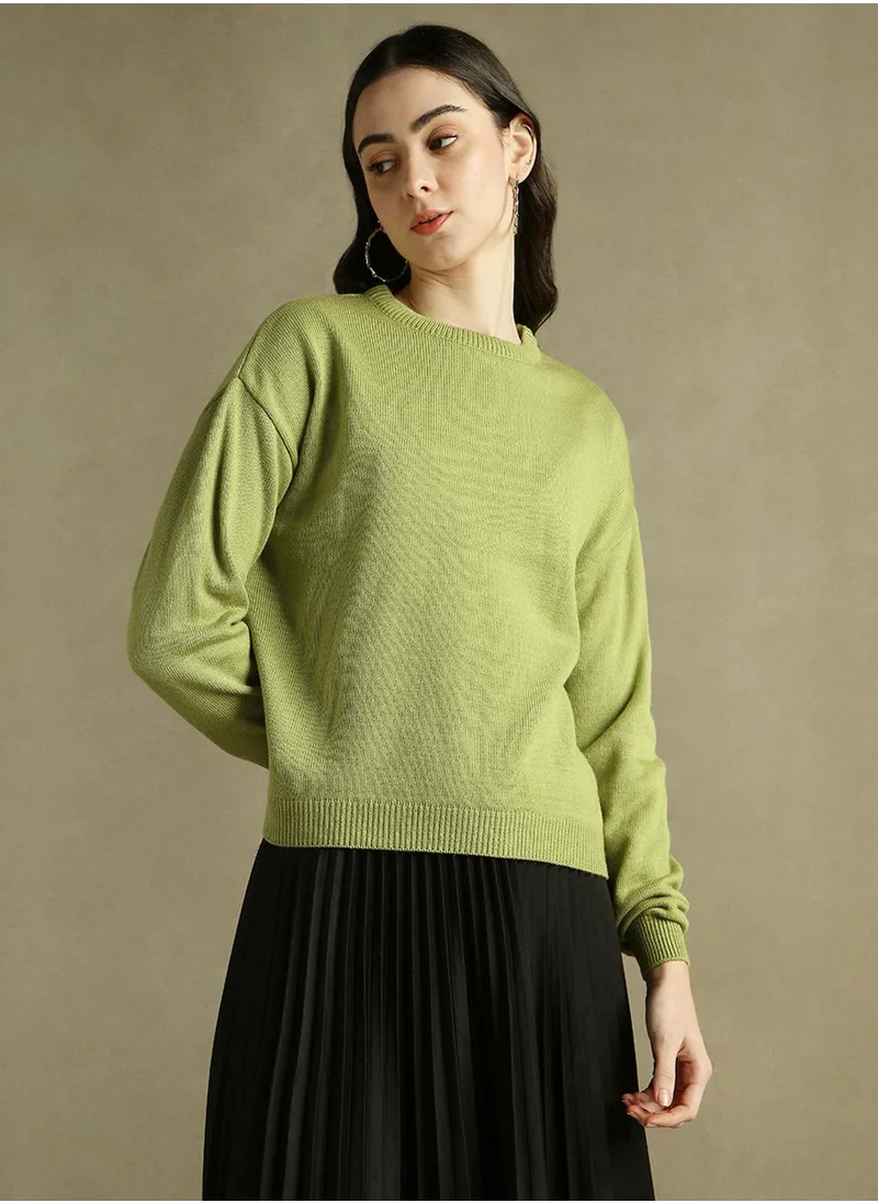 Dennis Lingo Women's Apple Green 100% Acrylic Solid Regular Fit Sweater