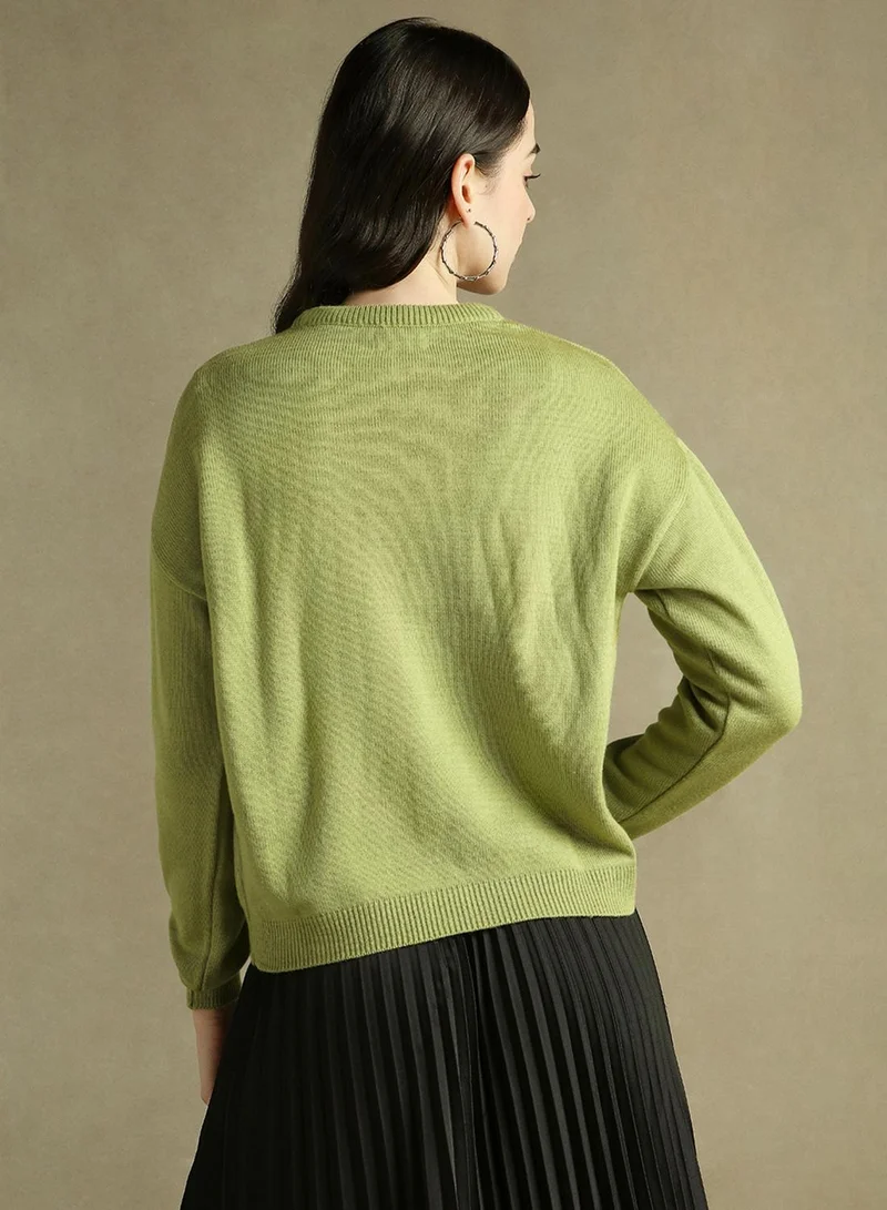 Dennis Lingo Women's Apple Green 100% Acrylic Solid Regular Fit Sweater