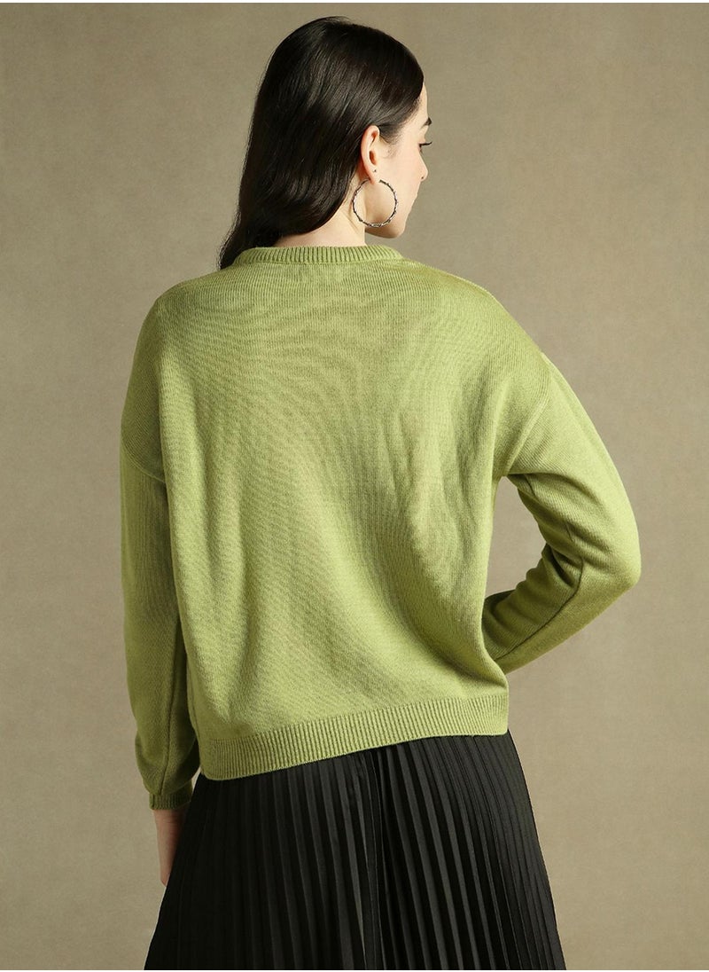 Dennis Lingo Women's Apple Green 100% Acrylic Solid Regular Fit Sweater  - Image 3