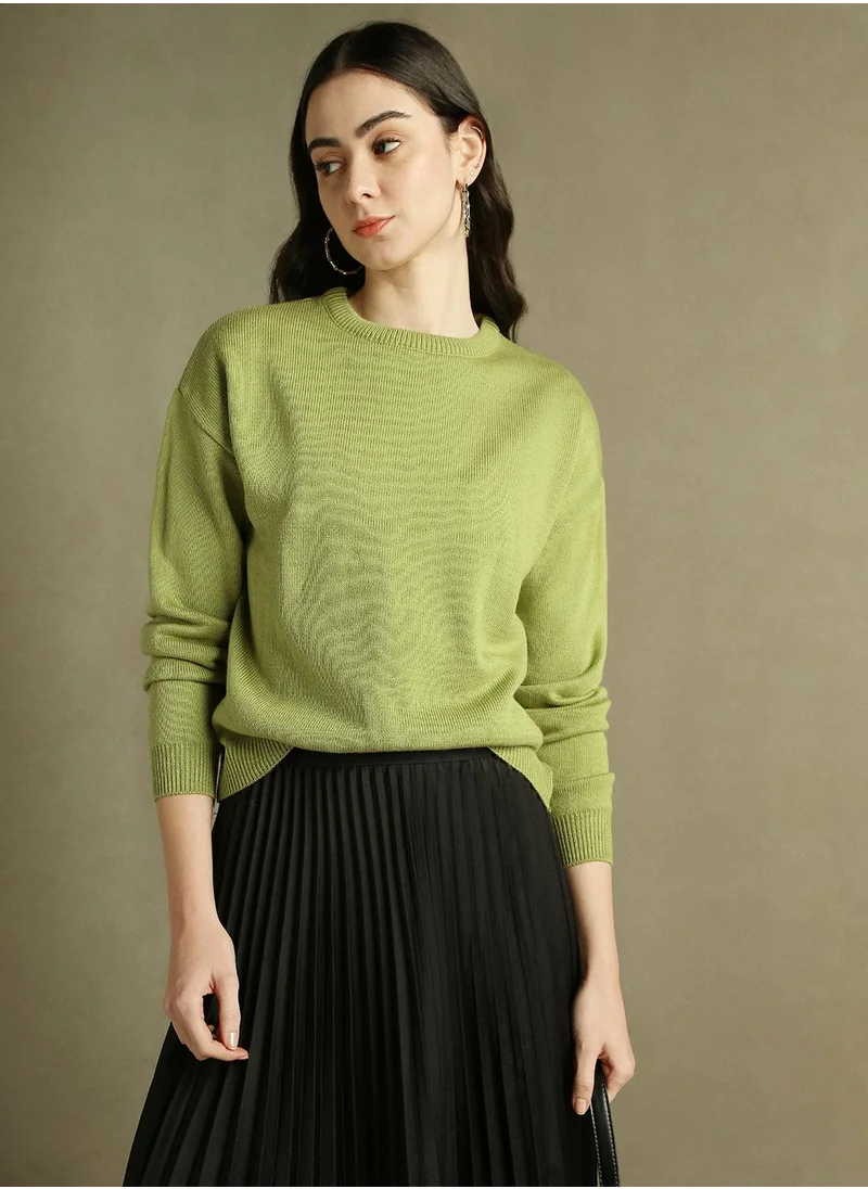 Dennis Lingo Women's Apple Green 100% Acrylic Solid Regular Fit Sweater