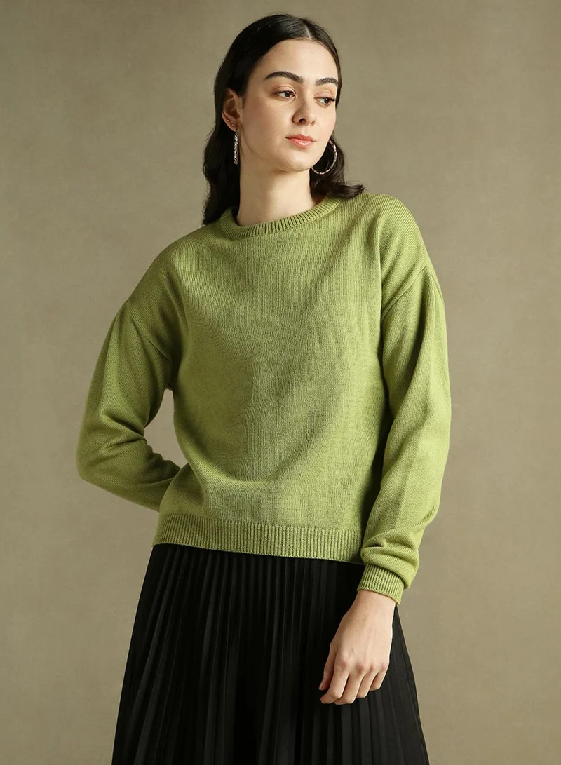 Dennis Lingo Women's Apple Green 100% Acrylic Solid Regular Fit Sweater