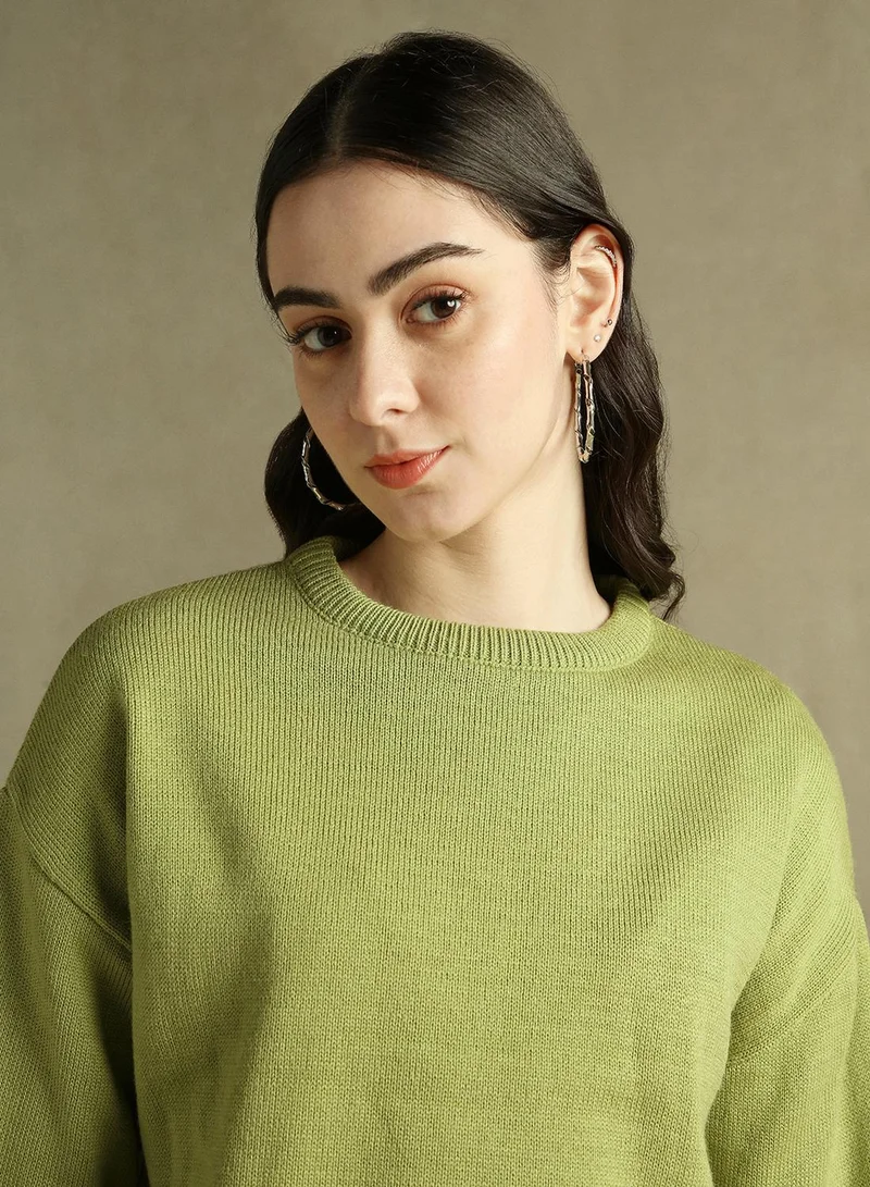 Dennis Lingo Women's Apple Green 100% Acrylic Solid Regular Fit Sweater