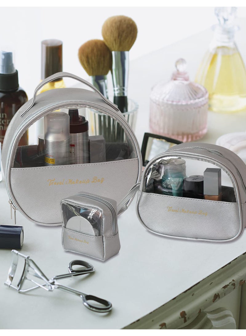 SOLARAE Makeup Bag Set, 3 Pieces Travel Make up Bag with Large Capacity, Clear & Waterproof Cosmetic Bags, Wash Bags Toiletry Bags for Travel - Available in Silver - Image 4
