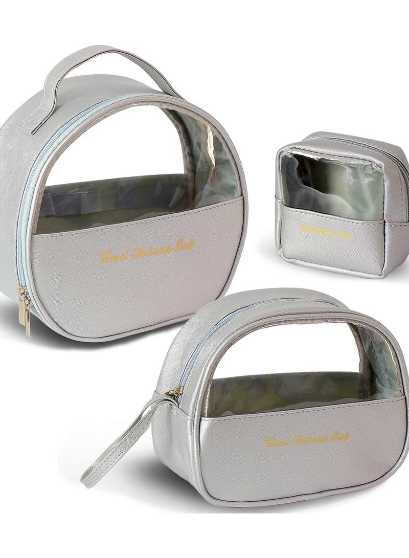 SOLARAE Makeup Bag Set, 3 Pieces Travel Make up Bag with Large Capacity, Clear & Waterproof Cosmetic Bags, Wash Bags Toiletry Bags for Travel - Available in Silver - Image 1