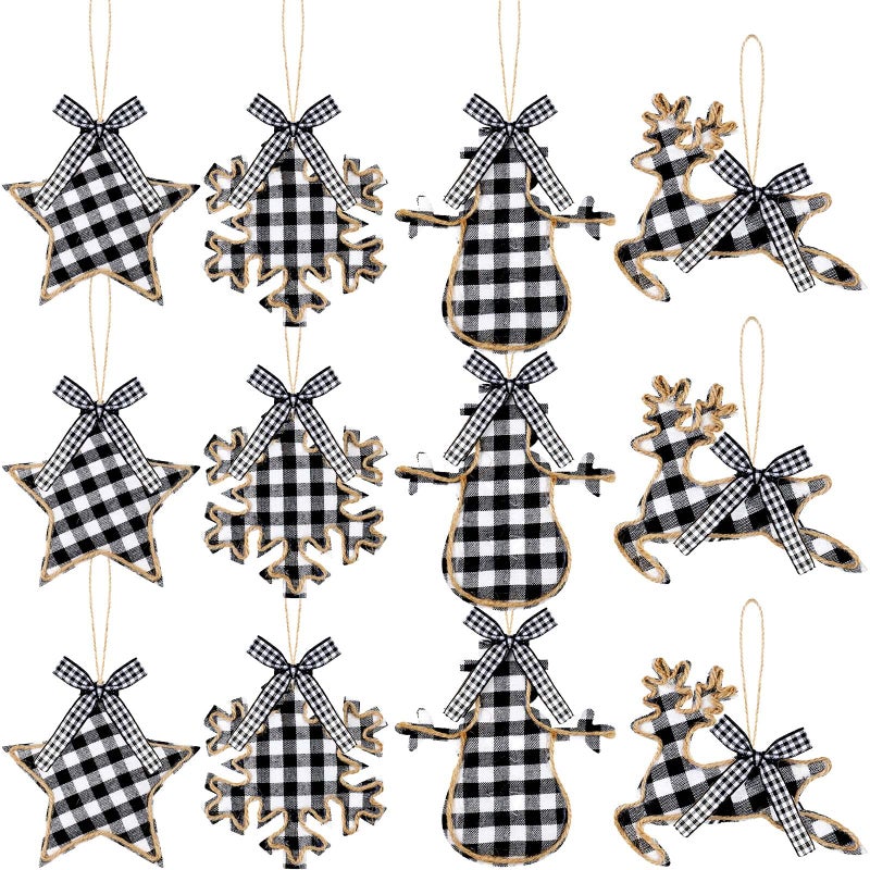 Civaner 12 Christmas Burlap Tree Hanging Ornaments Buffalo Check Plaid Stitching Tree Ornament Deer Snowman Snowflake Star Shaped Hanging Ornaments for Xmas Holiday Party Decorations (White and Black) - Image 1