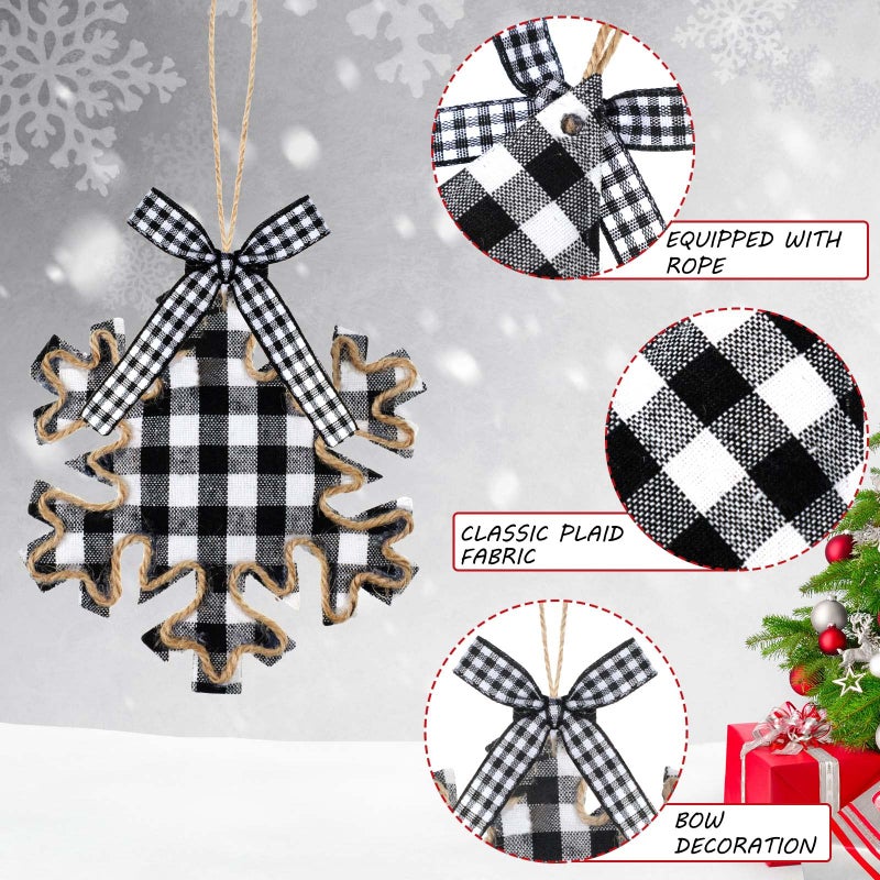 Civaner 12 Christmas Burlap Tree Hanging Ornaments Buffalo Check Plaid Stitching Tree Ornament Deer Snowman Snowflake Star Shaped Hanging Ornaments for Xmas Holiday Party Decorations (White and Black) - Image 5