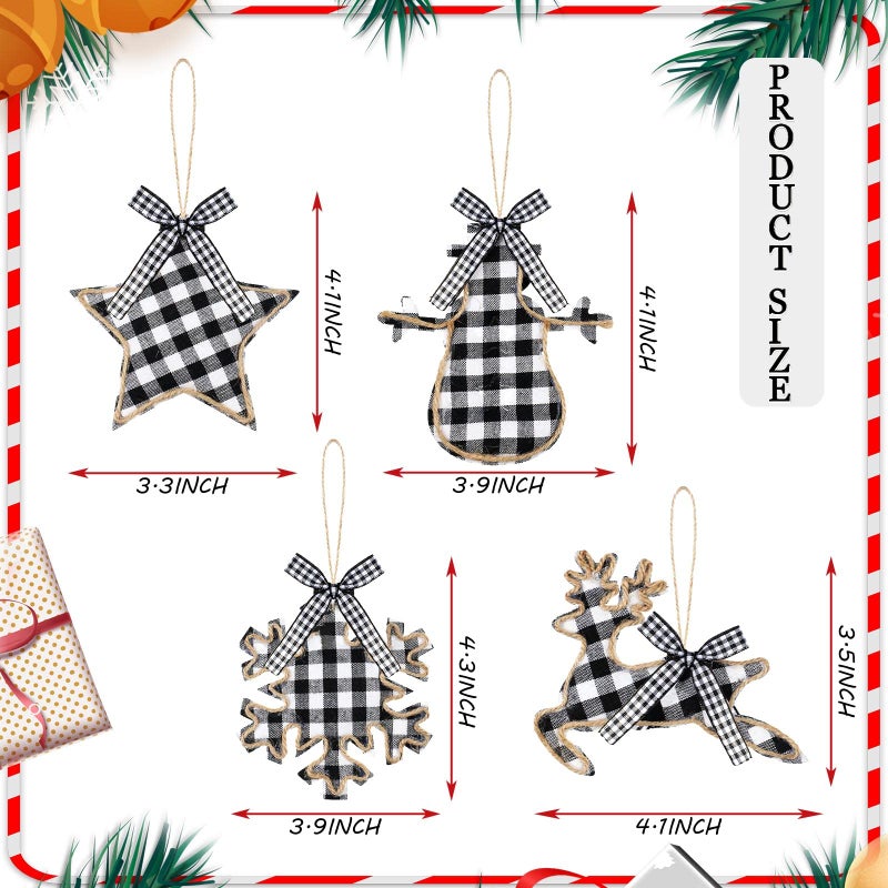 Civaner 12 Christmas Burlap Tree Hanging Ornaments Buffalo Check Plaid Stitching Tree Ornament Deer Snowman Snowflake Star Shaped Hanging Ornaments for Xmas Holiday Party Decorations (White and Black) - Image 3