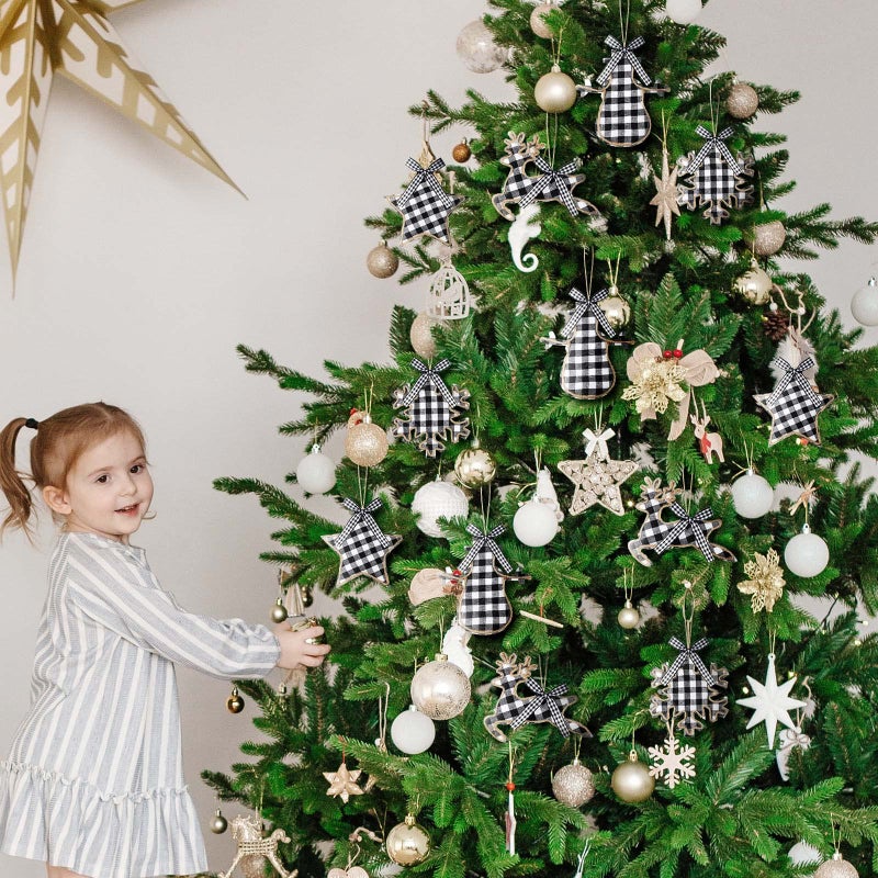 Civaner 12 Christmas Burlap Tree Hanging Ornaments Buffalo Check Plaid Stitching Tree Ornament Deer Snowman Snowflake Star Shaped Hanging Ornaments for Xmas Holiday Party Decorations (White and Black) - Image 2