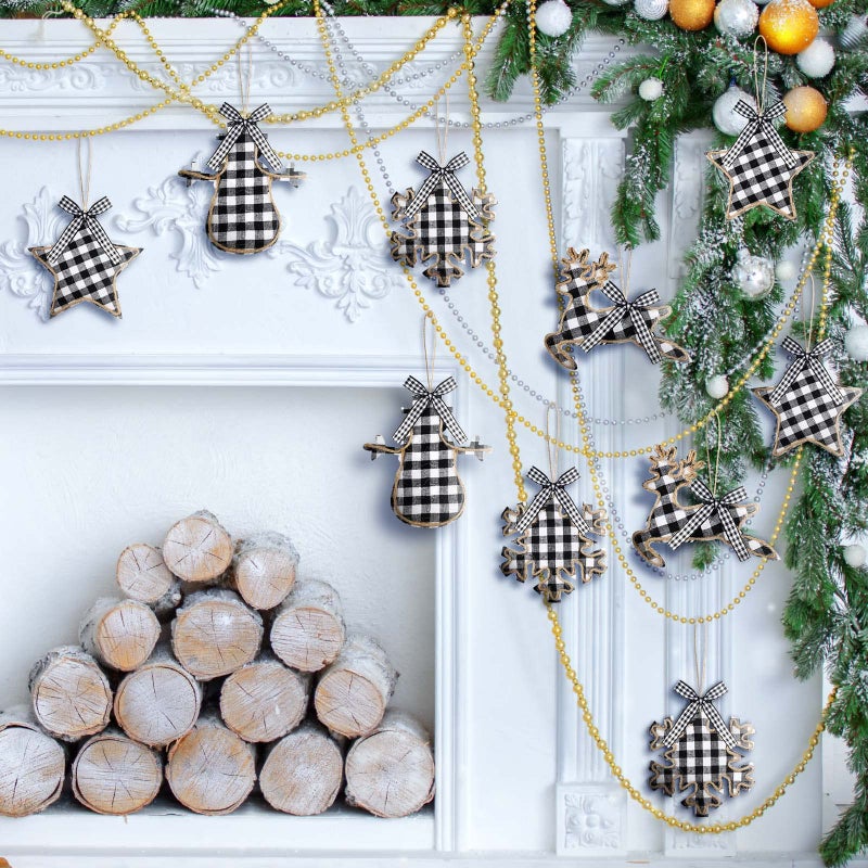 Civaner 12 Christmas Burlap Tree Hanging Ornaments Buffalo Check Plaid Stitching Tree Ornament Deer Snowman Snowflake Star Shaped Hanging Ornaments for Xmas Holiday Party Decorations (White and Black) - Image 4