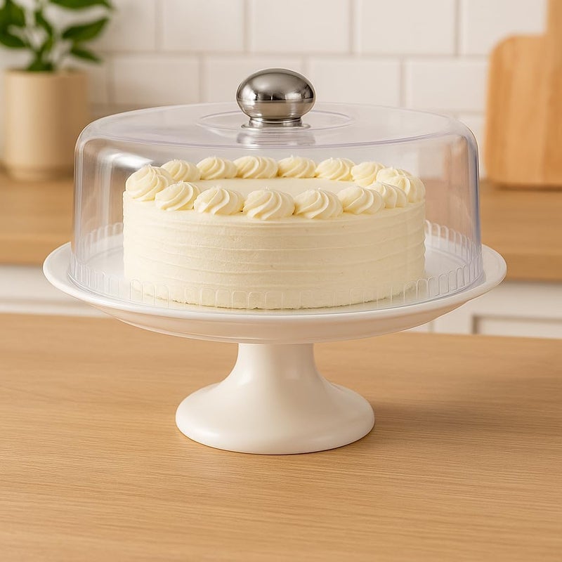 FITTO حامل كعكة فيتو الأبيض مع غطاء - عرض كعكة دوار أنيق للتقديم والتزيين - قاعدة أكريليك متينة مع غطاء شفاف - مثالي لحفلات الزفاف، الحفلات، والاستخدام اليومي - سهل التنظيف - Image 3