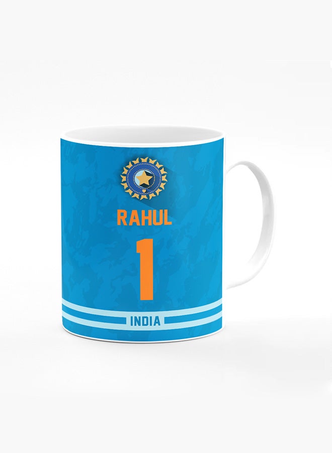 Stylizedd Designer Printed Coffee Mug with Heavy Duty Handle 11oz Ceramic Personalised Gift Mugs Cup [Microwave Safe & Dishwasher Proof ] - Cricket Player - KL Rahul, Jersey Number - 1 (With Logo) - Image 1