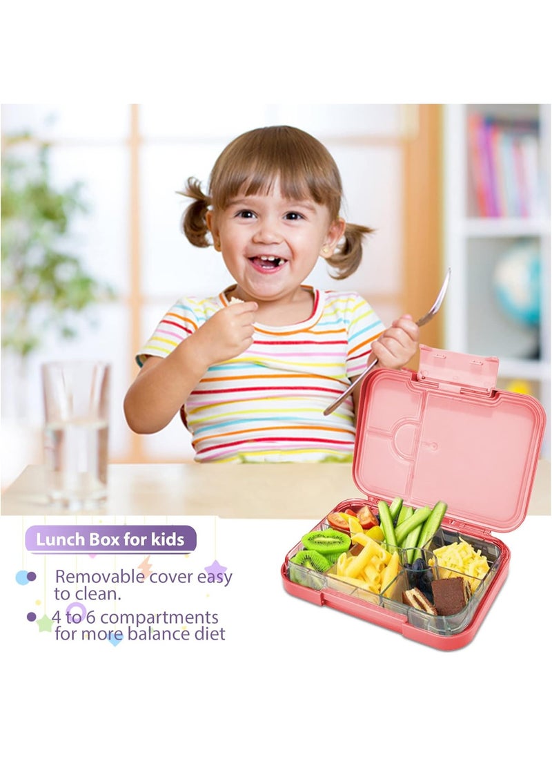 Bento Box, 4/6 Compartment Bento Lunch Box, Leak-Proof Lunch Box Toddler-Friendly Bento Lunch Box, BPA-Free, Dishwasher Safe, Suitable for Children Aged 3 to 7 years (Pink)